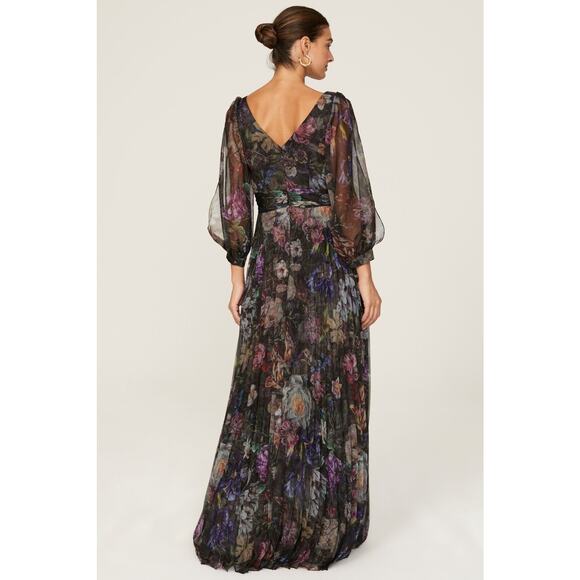 Marchesa Notte Metallic Floral Print Pleated Tulle V-Neck Cocktail Gown Size 8 - Picture 3 of 16